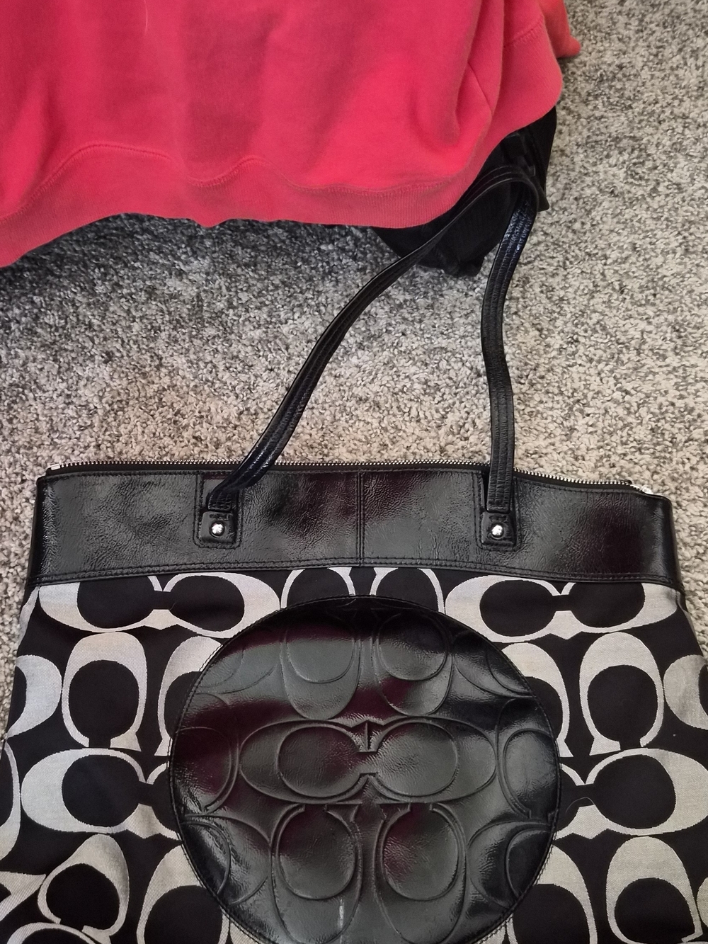 Coach Op Art Tote Bag Black Ivory Canvas Patent Leather Zip Top F13995 Large Sho